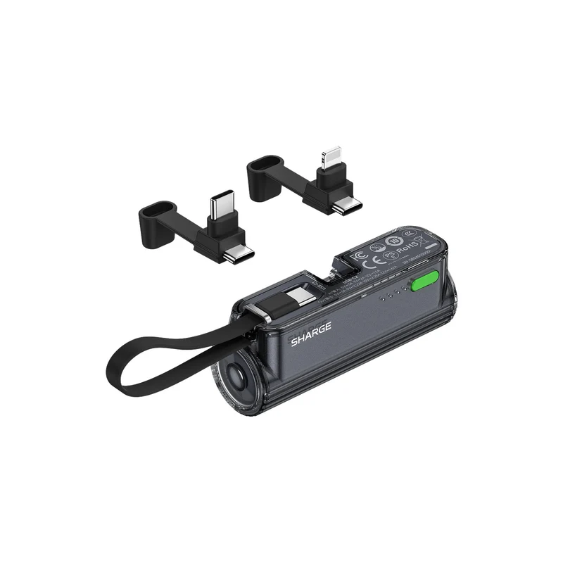 Sharge Flow Mini 2 5000mAH 22.5W Power Bank with Built-in USB-C Cable & USB-C to USB-C + USB-C to Lightning Connector (Black, Silver) (T1)