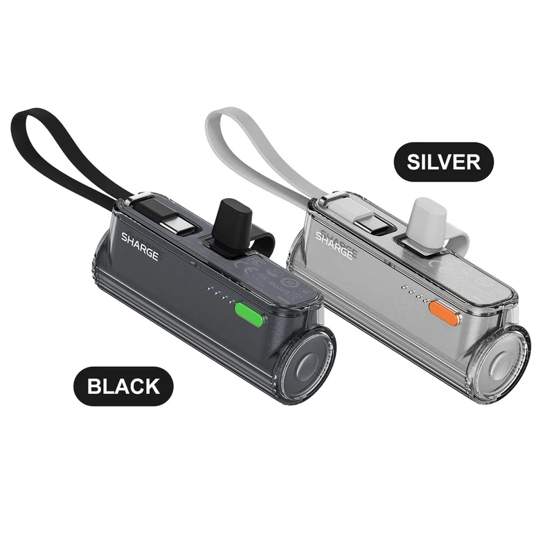 Sharge Flow Mini 2 5000mAH 22.5W Power Bank with Built-in USB-C Cable & USB-C to USB-C + USB-C to Lightning Connector (Black, Silver) (T1)
