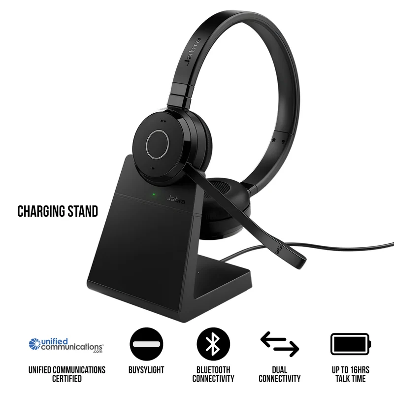 Jabra Evolve 65 TE USB-A UC Stereo Bluetooth Wireless Headset with Charging Stand