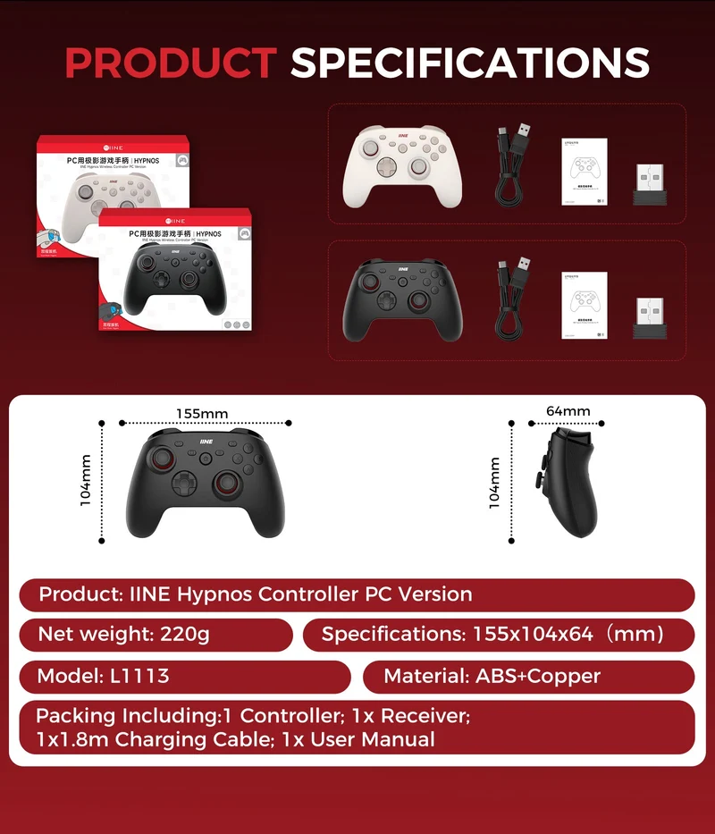 IINE Hypnos Wireless Controller for PC/ Nintendo Switch/ Phone (Black, White) (L1112, L1113)