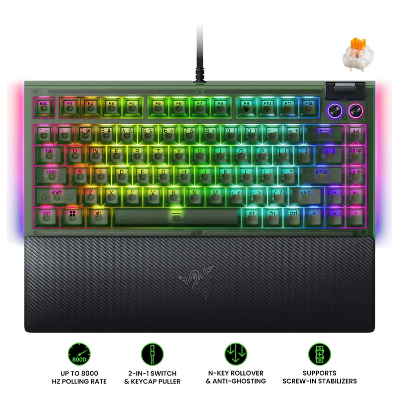 Razer BlackWidow V4 75% Hot-Swappable Mechanical Gaming Keyboard (Orange Switches) (Phantom Green)