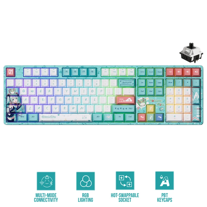 Akko Hatsune Miku 5108B Plus Multi-Mode RGB Hot-Swappable Mechanical Keyboard (Akko V3 Piano Pro Switch, Akko Creamy Cyan Switch)