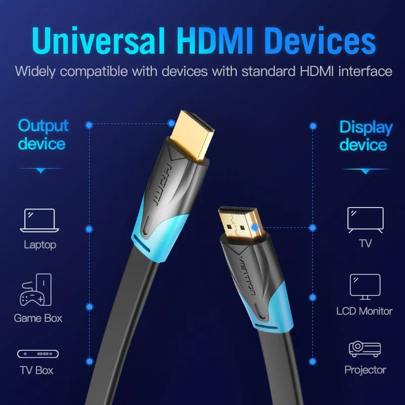 Vention Flat HDMI Cable Black - (1M, 1.5M, 2M, 3M, 5M, 10M) (VAA-B02-L100, VAA-B02-L150, VAA-B02-L200, VAA-B02-L300, VAA-B02-L500, VAA-B02-L1000)