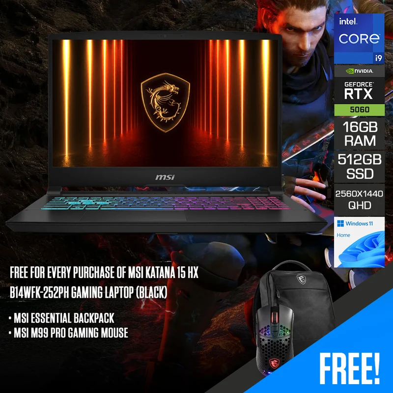 MSI Katana 15 HX B14WFK-252PH Gaming Laptop (Black) | 15.6" QHD (2560x1440) 165Hz | Core i9-14900HX | 16GB RAM | 512GB SSD | RTX 5060 | Windows 11 Home | MSI Essential Backpack + MSI M99 Pro Gaming Mouse