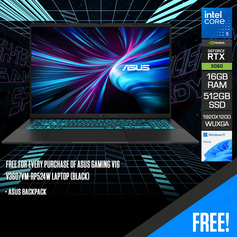 Asus Gaming V16 V3607VM-RP524W Laptop (Black) | 16" WUXGA (1920x1200) 144Hz | Core 5 210H | 16GB RAM | 512GB SSD | RTX 5060 | Windows 11 Home | Asus Backpack