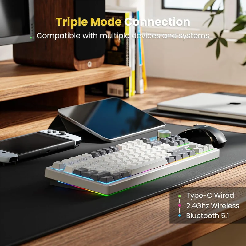 Royal Kludge RK-S85 Tri-Mode RGB 85 Keys Hot Swappable Mechanical Keyboard White Night (Cloud Switch, Beige Switch)
