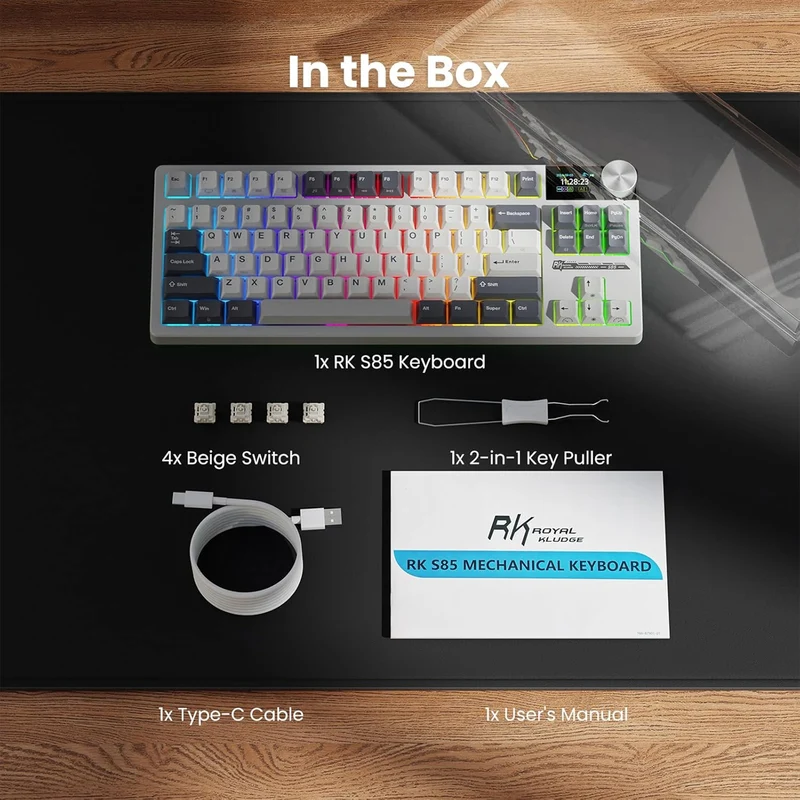 Royal Kludge RK-S85 Tri-Mode RGB 85 Keys Hot Swappable Mechanical Keyboard White Night (Cloud Switch, Beige Switch)