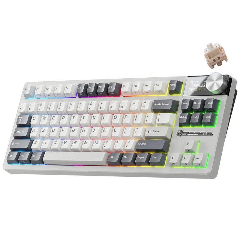 Royal Kludge RK-S85 Tri-Mode RGB 85 Keys Hot Swappable Mechanical Keyboard White Night (Cloud Switch, Beige Switch)