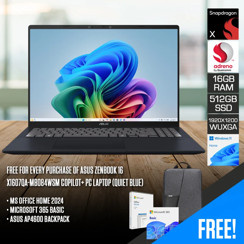 Asus Zenbook 16 X1607QA-MB084WSM Copilot+ PC Laptop (Quiet Blue) | 16" WUXGA (1920x1200) | Snapdragon X X1 26 100 | 16GB RAM | 512GB SSD | Qualcomm Adreno GPU | Windows 11 Home | MS Office Home 2024 + Microsoft 365 Basic + Asus AP4600 Backpack