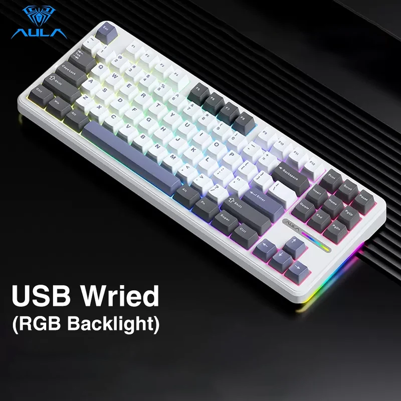 Aula F87 Wireless & Bluetooth 87 Keys Hot-Swappable Mechanical Keyboard (White/Grey/Blue)