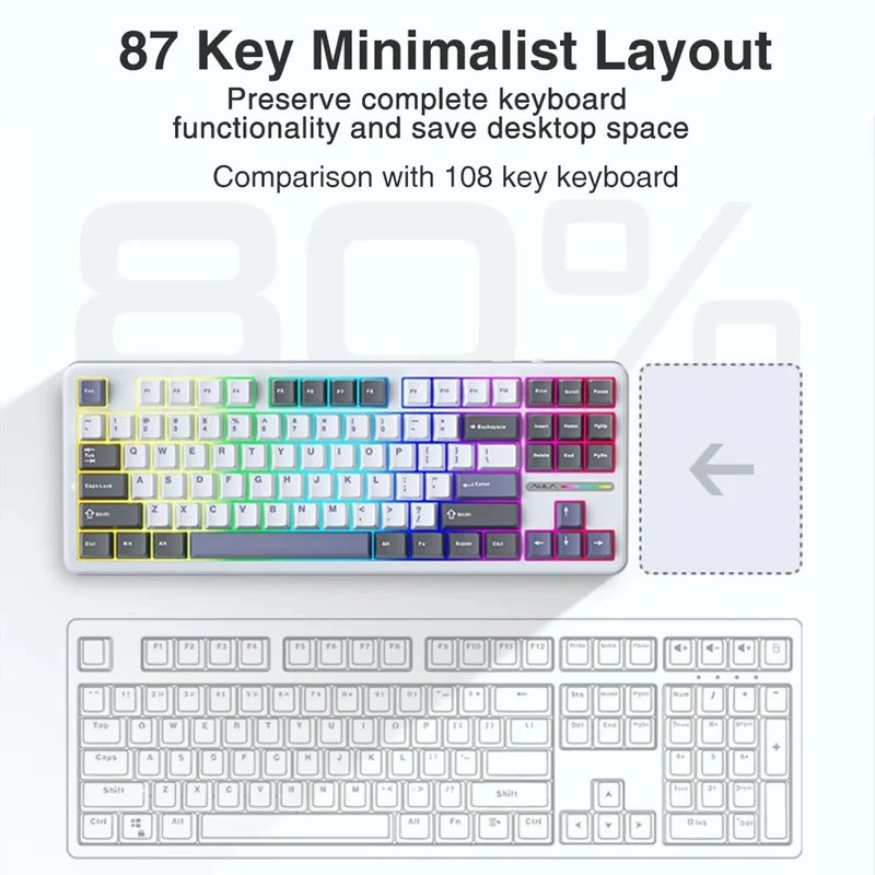 Aula F87 Wireless & Bluetooth 87 Keys Hot-Swappable Mechanical Keyboard (White/Grey/Blue)