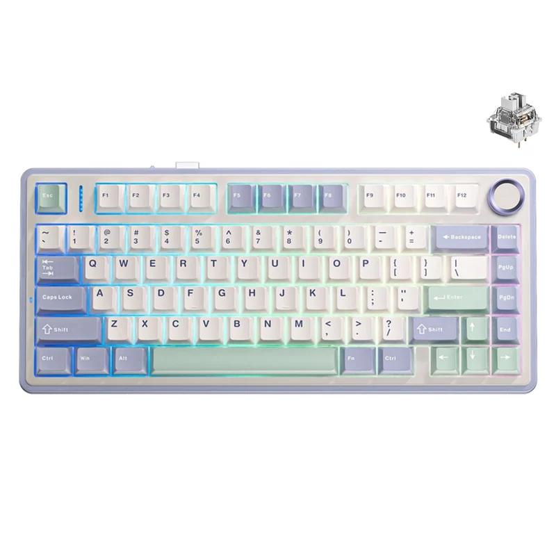Aula F75 Wireless & Bluetooth 80 Keys Mechanical Keyboard (Purple/Beige/Lightgreen) (Grey Wood Switch V3)