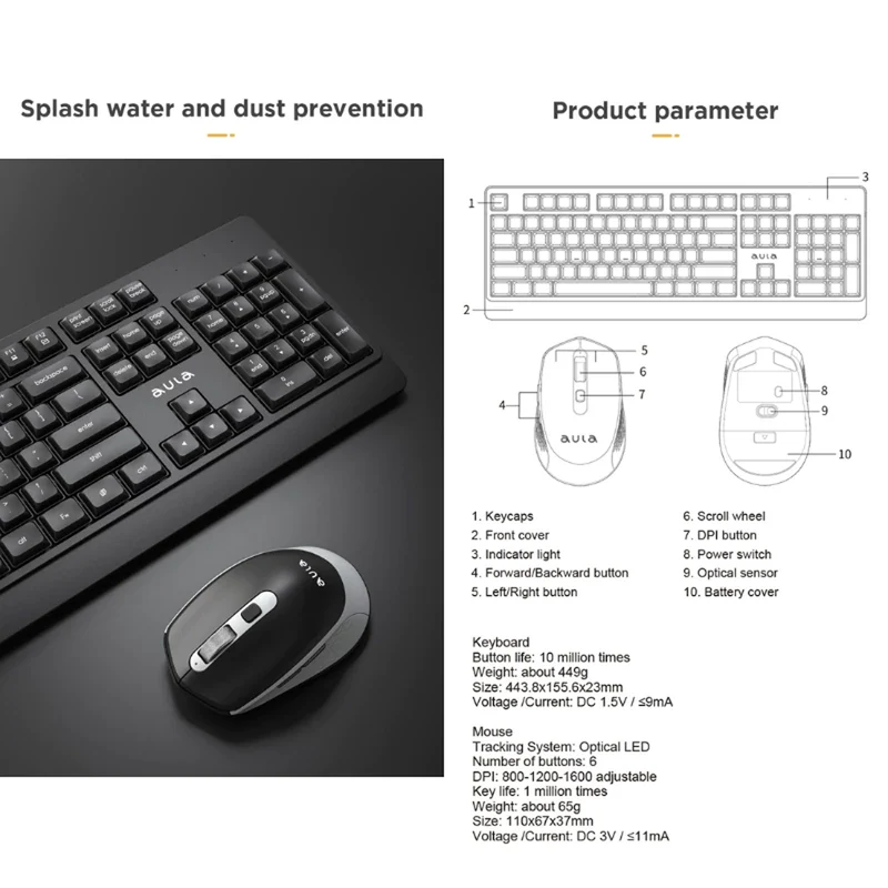 Aula AC203 2.4GHz Wireless Keyboard & Mouse Combo (Black)