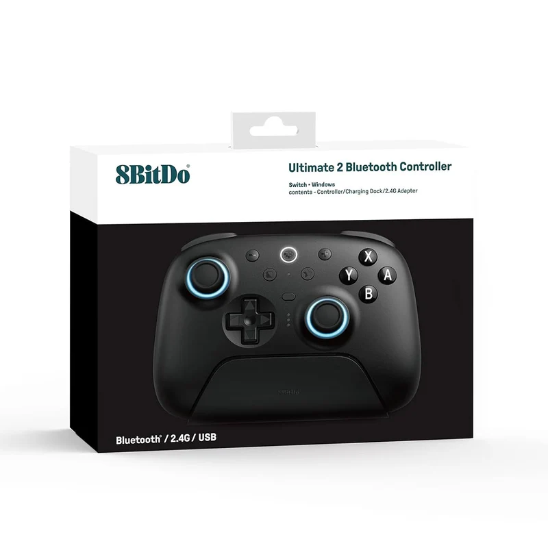 8BitDo Ultimate 2 Bluetooth Controller with TMR Joysticks, Switchable Hall Effect/ Tactile Triggers, Vibration & Motion Control, RGB Fire Ring with Charging Dock for Nintendo Switch/Windows PC/N-Switch Pro Controller (Black, White) (80ND)