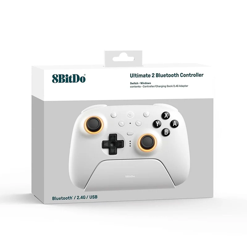 8BitDo Ultimate 2 Bluetooth Controller with TMR Joysticks, Switchable Hall Effect/ Tactile Triggers, Vibration & Motion Control, RGB Fire Ring with Charging Dock for Nintendo Switch/Windows PC/N-Switch Pro Controller (Black, White) (80ND)