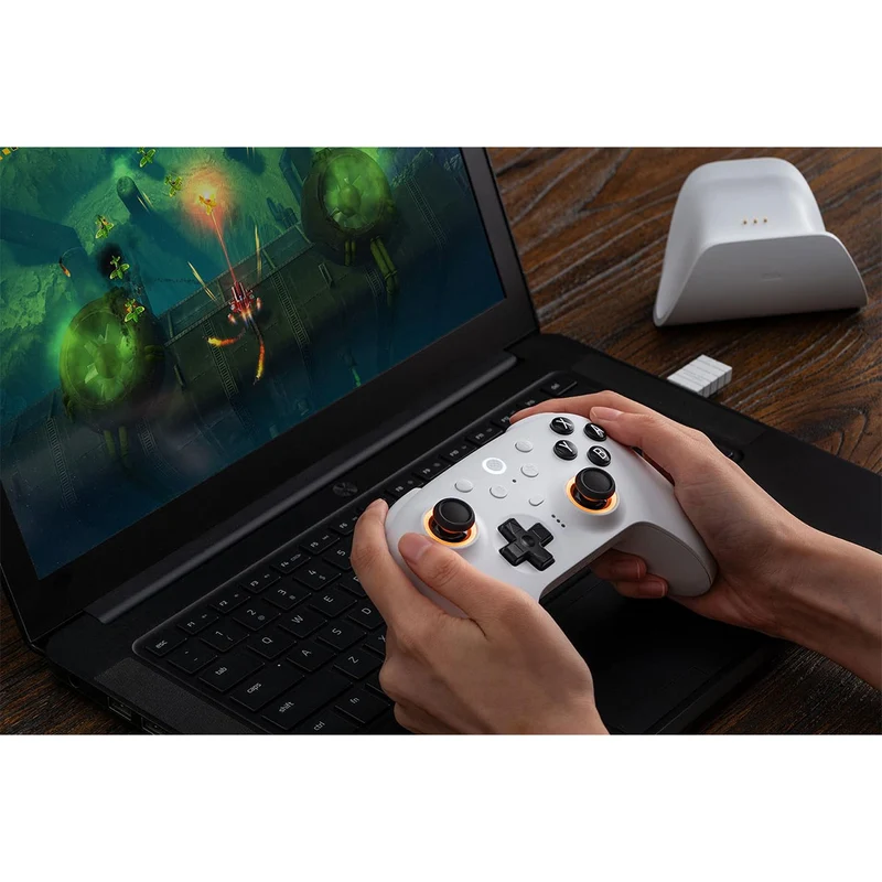 8BitDo Ultimate 2 Bluetooth Controller with TMR Joysticks, Switchable Hall Effect/ Tactile Triggers, Vibration & Motion Control, RGB Fire Ring with Charging Dock for Nintendo Switch/Windows PC/N-Switch Pro Controller (Black, White) (80ND)