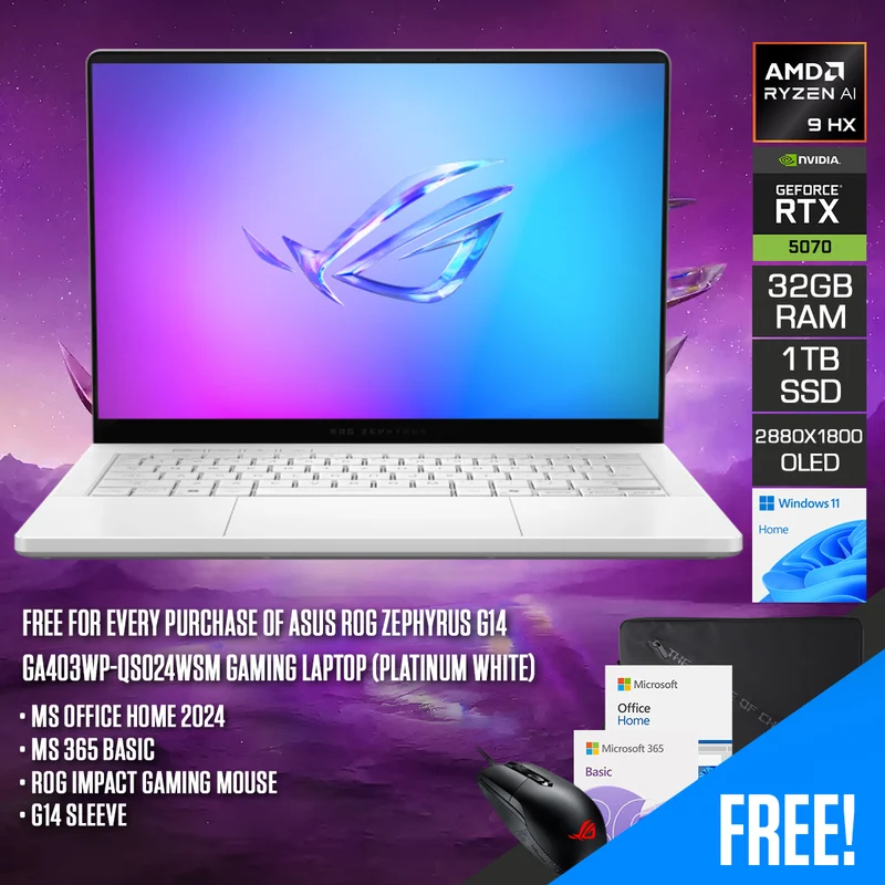Asus ROG Zephyrus G14 GA403WP-QS024WSM Gaming Laptop (Platinum White) | 14" 3K (2880x1800) 120Hz OLED | Ryzen AI 9 HX 370 | 32GB RAM | 1TB SSD | RTX 5070 | Windows 11 Home | MS Office Home 2024 + MS 365 Basic + ROG Impact Gaming Mouse + G14 Sleeve