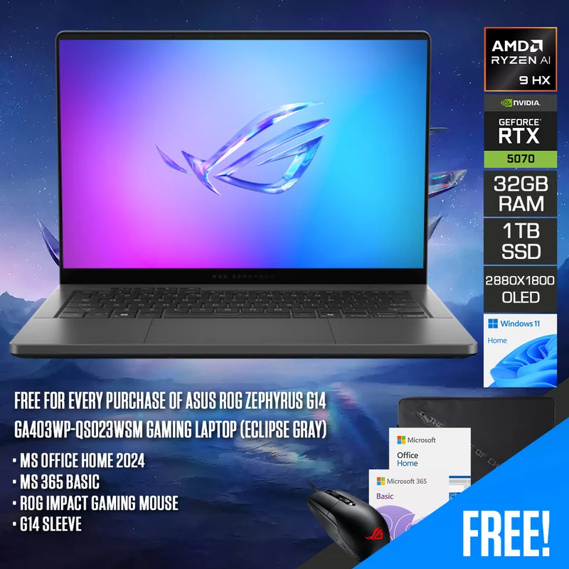 Asus ROG Zephyrus G14 GA403WP-QS023WSM Gaming Laptop (Eclipse Gray) | 14" 3K (2880x1800) 120Hz OLED | Ryzen AI 9 HX 370 | 32GB RAM | 1TB SSD | RTX 5070 | Windows 11 Home | MS Office Home 2024 + MS 365 Basic + ROG Impact Gaming Mouse + G14 Sleeve