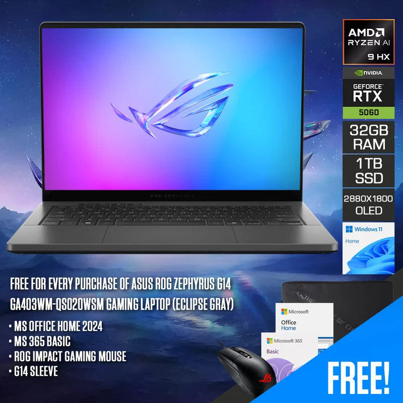 Asus ROG Zephyrus G14 GA403WM-QS020WSM Gaming Laptop (Eclipse Gray) | 14" 3K (2880x1800) 120Hz OLED | Ryzen AI 9 HX 370 | 32GB RAM | 1TB SSD | RTX 5060 | Windows 11 Home | MS Office Home 2024 + MS 365 Basic + ROG Impact Gaming Mouse + G14 Sleeve