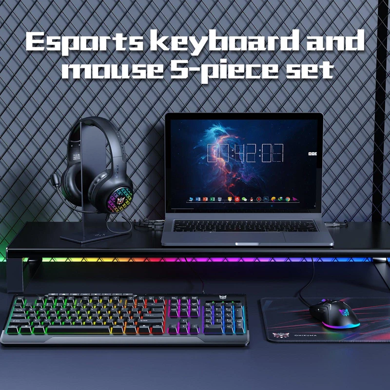 Onikuma TZ5006 5-in-1 RGB Wired Keyboard / Mouse/ Mouse Pad / Headset / Headset Stand Gaming Combo (Black)