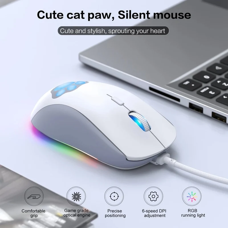 Onikuma CW918 Cat Paw RGB Wired Professional Gaming Mouse (White)