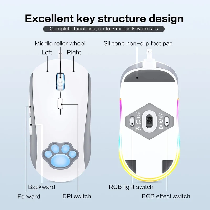 Onikuma CW918 Cat Paw RGB Wired Professional Gaming Mouse (White)