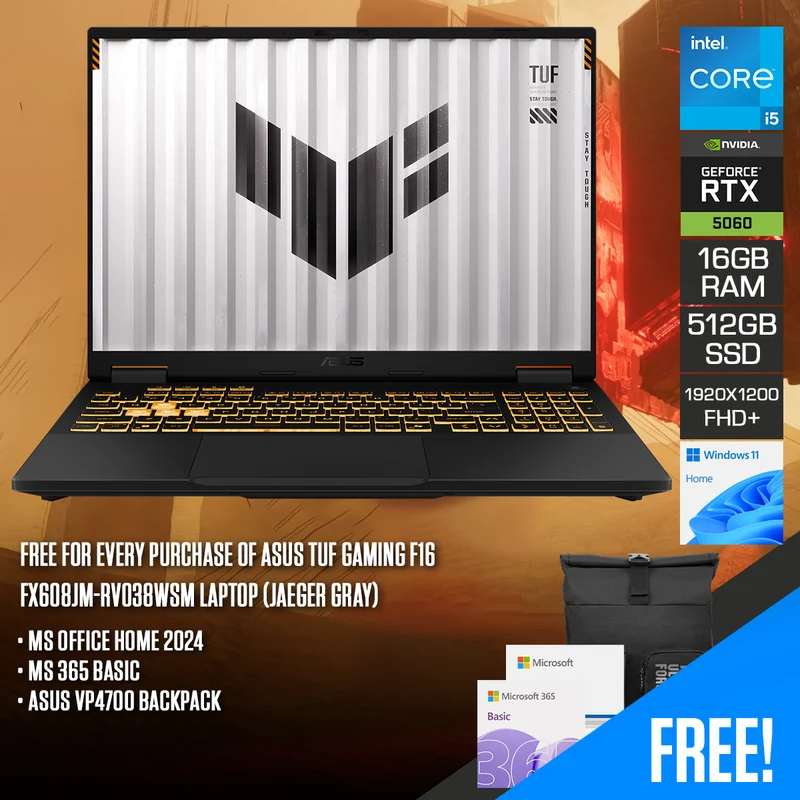 Asus TUF Gaming F16 FX608JM-RV038WSM Laptop (Jaeger Gray) | 16" FHD+ (1920x1200) 165Hz IPS | Core i5-13450HX | 16GB RAM | 512GB SSD | RTX 5060 | Windows 11 Home | MS Office Home 2024 + MS 365 Basic + Asus VP4700 Backpack