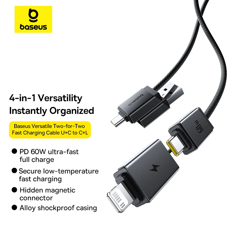 Baseus Versatile Two-for-Two Fast Charging Cable U+C to C+L 60W 2M (Cosmic Black) (P10383000121-02)