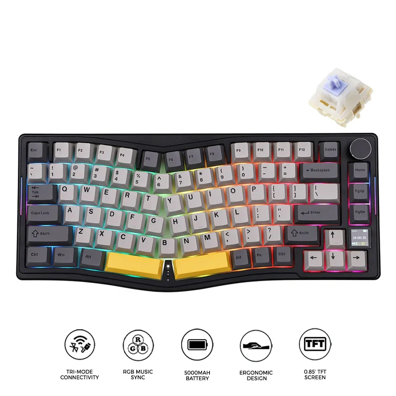 Ajazz AKS075 RGB Tri-Mode 75% Keys Hotswappable Mechanical Keyboard with Screen (Black/Gray/Yellow) (Gift Switch)