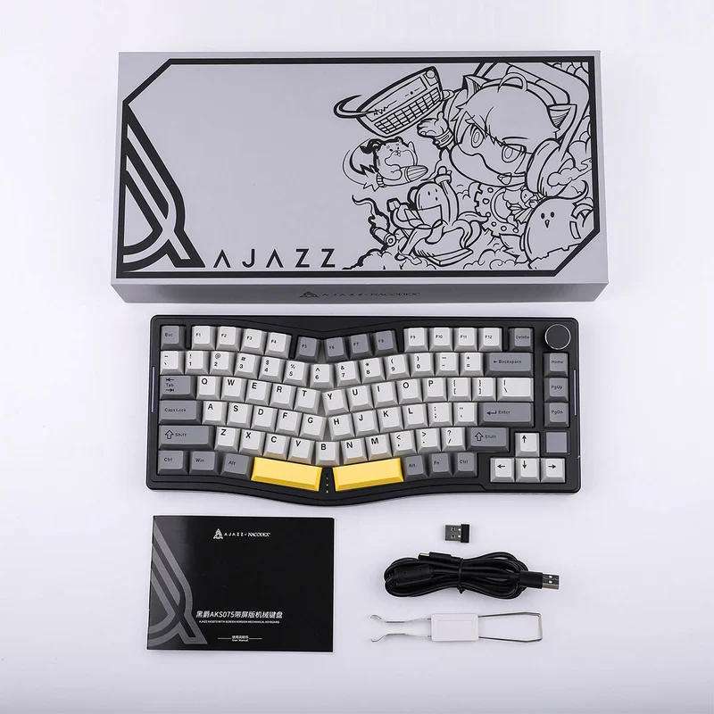 Ajazz AKS075 RGB Tri-Mode 75% Keys Hotswappable Mechanical Keyboard with Screen (Black/Gray/Yellow) (Gift Switch)