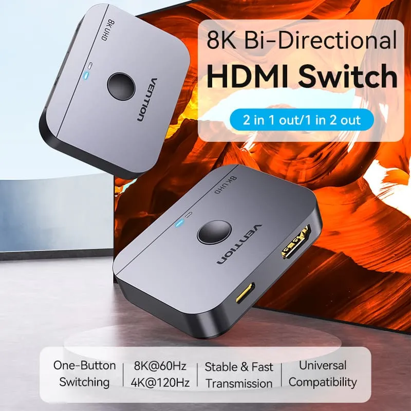 Vention 2-Port Bi-Directional 8K HDMI Switcher - Gray Aluminum Alloy Type (AKPH0)