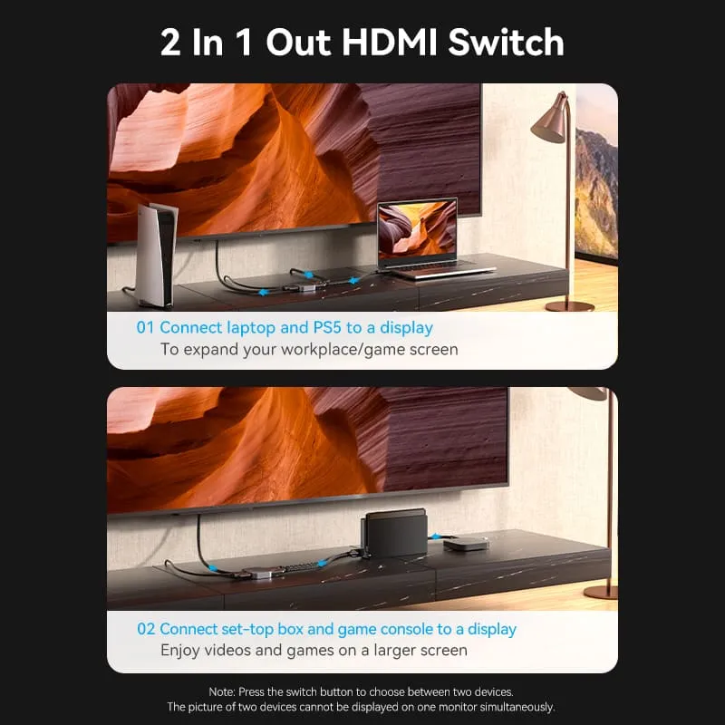 Vention 2-Port Bi-Directional 8K HDMI Switcher - Gray Aluminum Alloy Type (AKPH0)