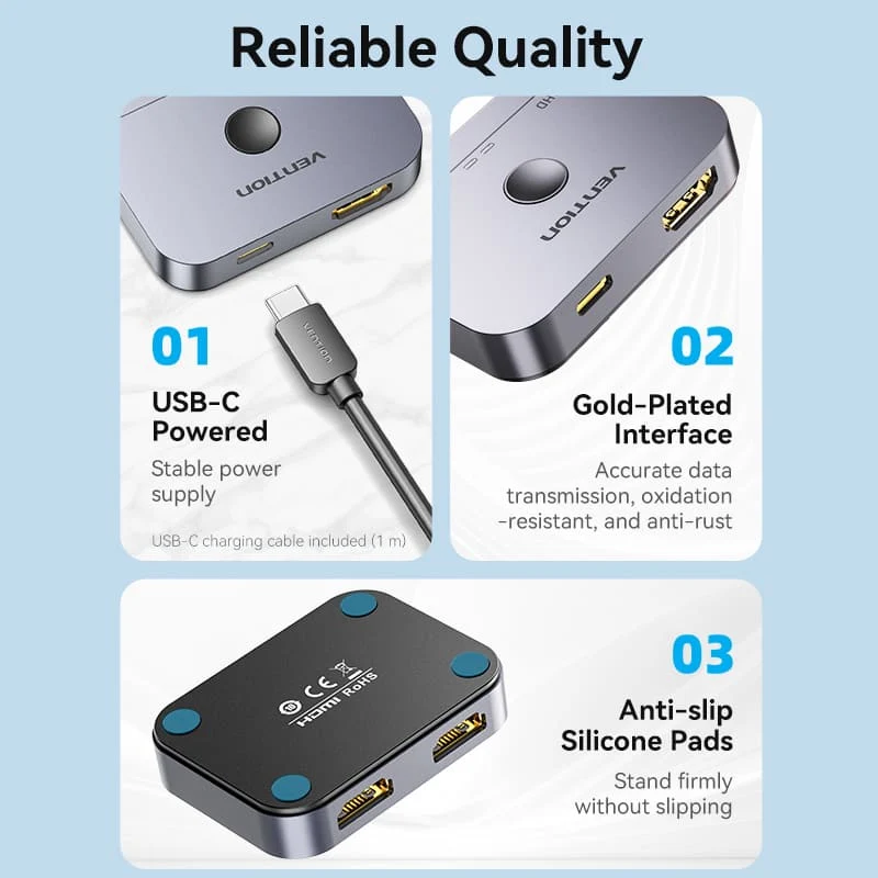 Vention 2-Port Bi-Directional 8K HDMI Switcher - Gray Aluminum Alloy Type (AKPH0)