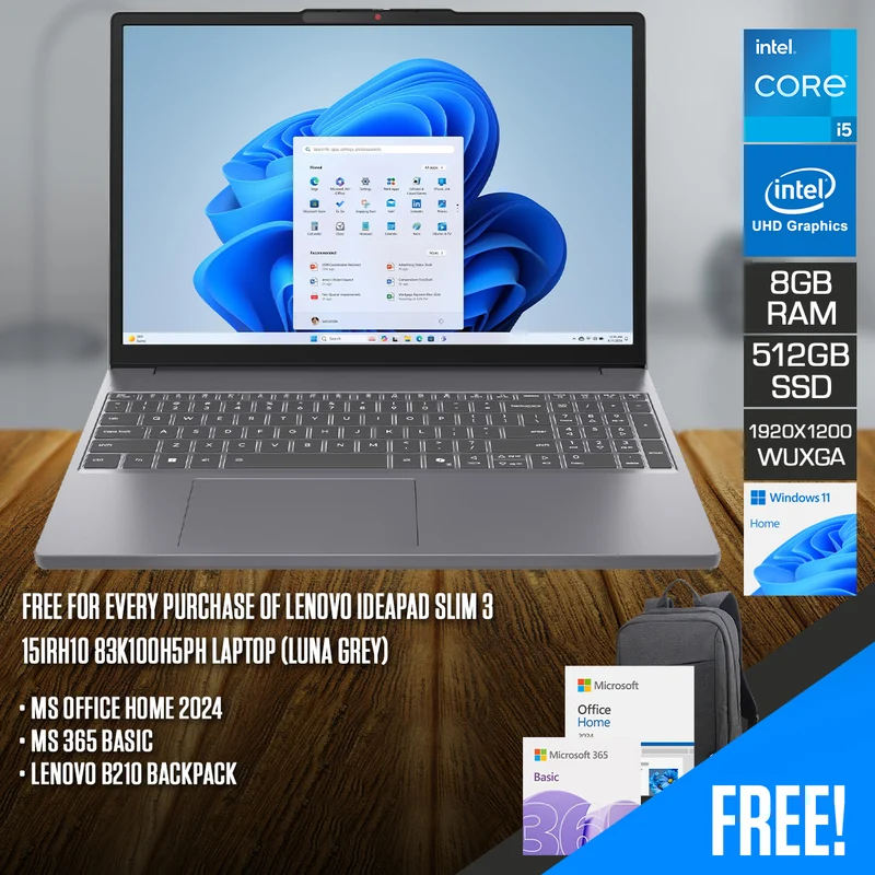 Lenovo IdeaPad Slim 3 15IRH10 83K100H5PH Laptop (Luna Grey) | 15.3" WUXGA (1920x1200) IPS | Core i5-13420H | 8GB RAM | 512GB SSD | Intel UHD Graphics | Windows 11 Home | MS Office Home 2024 + MS 365 Basic + Lenovo B210 Backpack