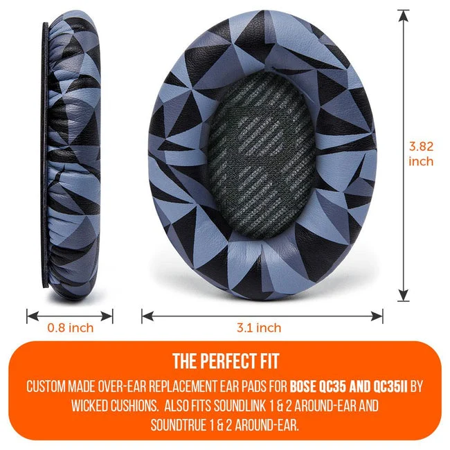 Wicked Cushions Bose QC 35 Replacement Ear Pads (Black, Midnight Blue, Silver, Geo Grey, Snow Camo, Black Camo, 90s White, 90s Black) (DW-EUAI-QYAW, ZI-3M67-96O0, 4B-NWTC-V89C, TI-AZM0-J0JH, OC-90BK-QG4D, Z7-YSOW-KHPB, BoseQC35-90W, BoseQC35-90B)
