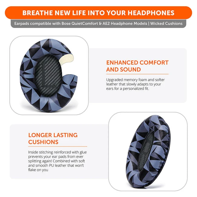 Wicked Cushions Bose QC 35 Replacement Ear Pads (Black, Midnight Blue, Silver, Geo Grey, Snow Camo, Black Camo, 90s White, 90s Black) (DW-EUAI-QYAW, ZI-3M67-96O0, 4B-NWTC-V89C, TI-AZM0-J0JH, OC-90BK-QG4D, Z7-YSOW-KHPB, BoseQC35-90W, BoseQC35-90B)