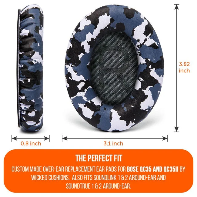 Wicked Cushions Bose QC 35 Replacement Ear Pads (Black, Midnight Blue, Silver, Geo Grey, Snow Camo, Black Camo, 90s White, 90s Black) (DW-EUAI-QYAW, ZI-3M67-96O0, 4B-NWTC-V89C, TI-AZM0-J0JH, OC-90BK-QG4D, Z7-YSOW-KHPB, BoseQC35-90W, BoseQC35-90B)