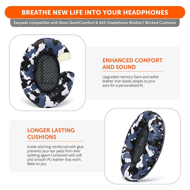 Wicked Cushions Bose QC 35 Replacement Ear Pads (Black, Midnight Blue, Silver, Geo Grey, Snow Camo, Black Camo, 90s White, 90s Black) (DW-EUAI-QYAW, ZI-3M67-96O0, 4B-NWTC-V89C, TI-AZM0-J0JH, OC-90BK-QG4D, Z7-YSOW-KHPB, BoseQC35-90W, BoseQC35-90B)