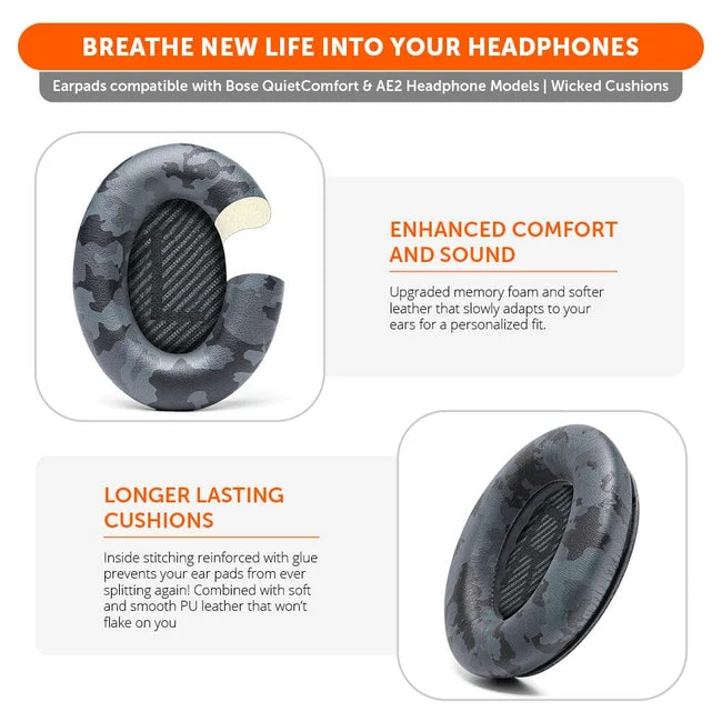 Wicked Cushions Bose QC 35 Replacement Ear Pads (Black, Midnight Blue, Silver, Geo Grey, Snow Camo, Black Camo, 90s White, 90s Black) (DW-EUAI-QYAW, ZI-3M67-96O0, 4B-NWTC-V89C, TI-AZM0-J0JH, OC-90BK-QG4D, Z7-YSOW-KHPB, BoseQC35-90W, BoseQC35-90B)