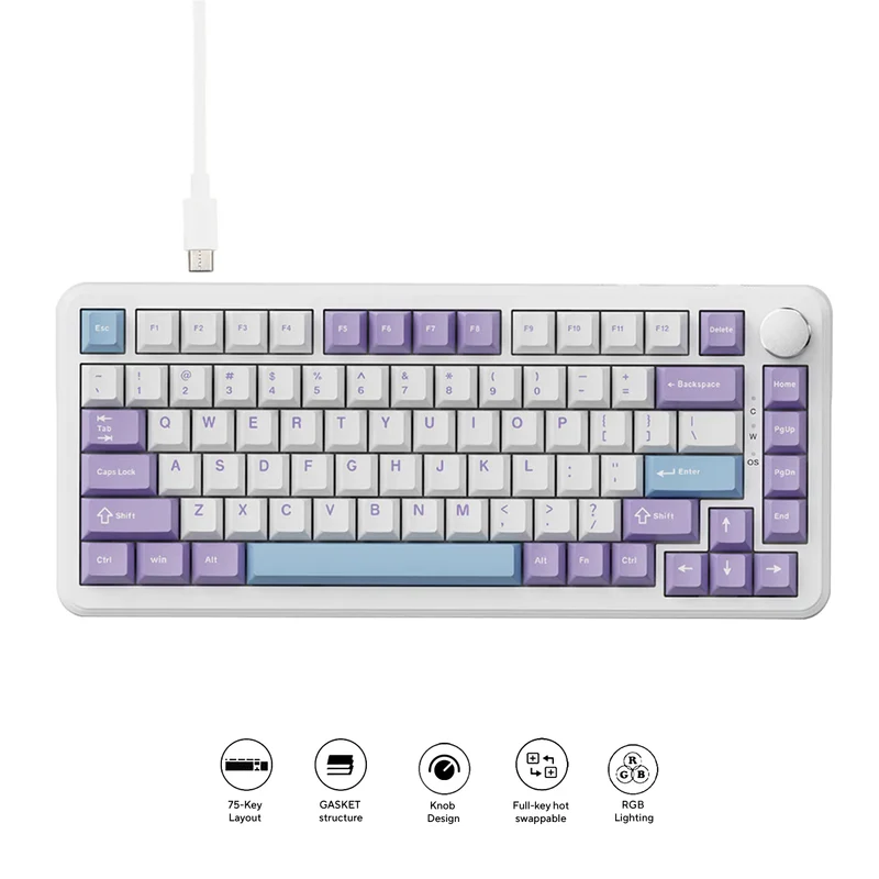 Ajazz AK820 Max RGB Wired 75% 82-Keys Gasket-mounted South Facing Hot Swappable Mechanical Keyboard Knob FR4 PCB (Purple/White/Blue) (Magnetic Switch)