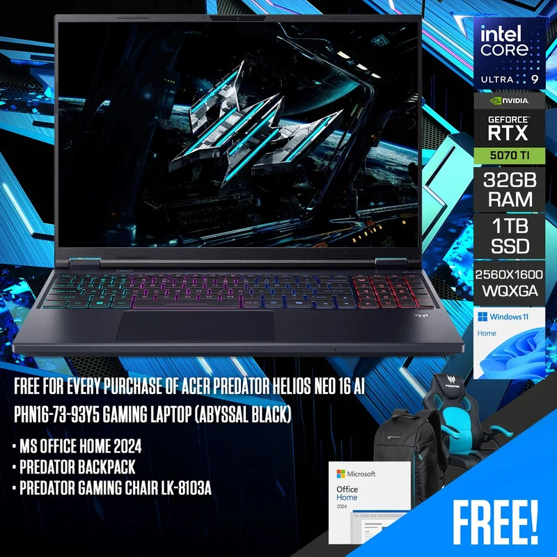 Acer Predator Helios Neo 16 AI PHN16-73-93Y5 Gaming Laptop (Abyssal Black) | 16" WQXGA (2560x1600) 240Hz IPS | Core Ultra 9 275HX | 32GB RAM | 1TB SSD | RTX 5070 Ti |WIN 11 Home|MS Office Home 2024 + Predator Backpack + Predator Gaming Chair LK-8103A