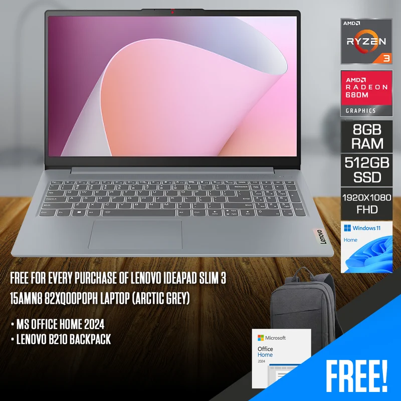 Lenovo IdeaPad Slim 3 15AMN8 82XQ00P0PH Laptop (Arctic Grey) | 15.6" FHD (1920x1080) TN | Ryzen 3 7320U | 8GB RAM | 512GB SSD | AMD Radeon 610M Graphics | Windows 11 Home | MS Office Home 2024 + Lenovo B210 Backpack