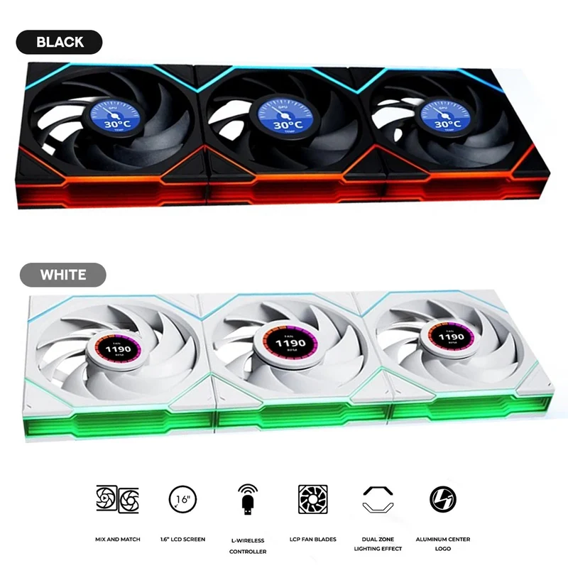 Lian Li Uni Fan TL Wireless LCD 120mm Revolutionary ARGB Triple Fan (Black, White)