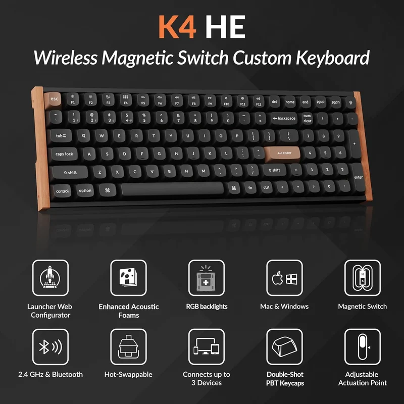 Keychron K4 HE Special Ed. Hot-Swappable RGB Backlight 96% Wireless Magnetic Switch Custom Keyboard - Black (Gateron Double-Rail Magnetic Nebula Switch) (K4H-F1)