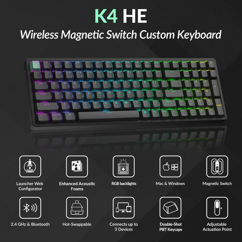 Keychron K4 HE Standard Ed. Hot-Swappable RGB Backlight 96% Wireless Magnetic Switch Custom Keyboard - Black (Gateron Double-Rail Magnetic Nebula Switch) (K4H-J1)