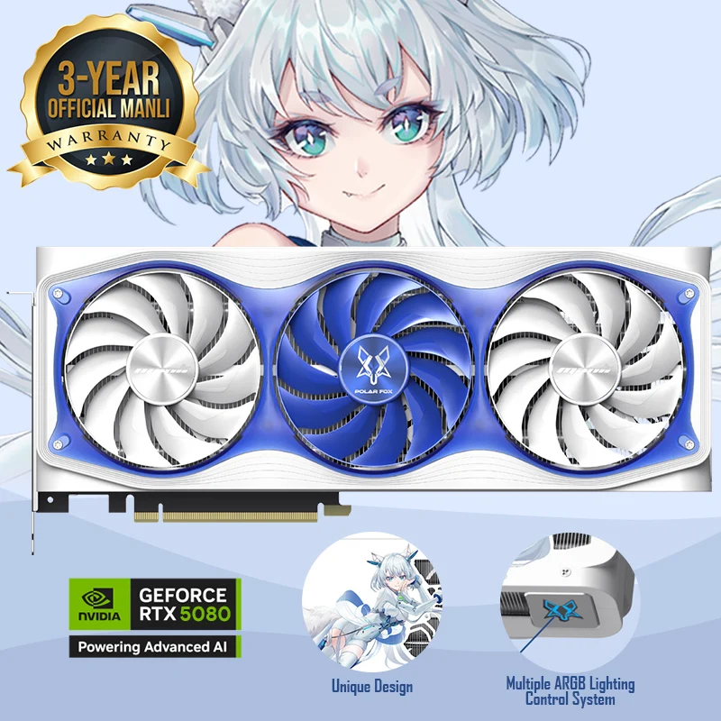 Manli Polar Fox GeForce RTX 5080 OC 16GB GDDR7 RGB Triple Cooler Graphics Card (M-N508PO/D716G-M3630)