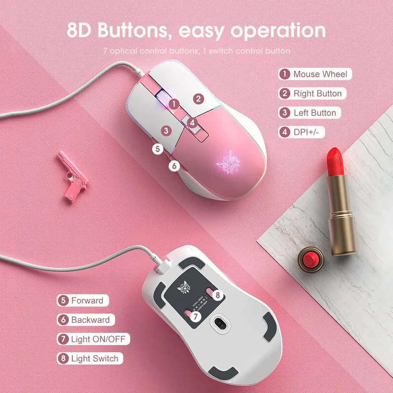 Onikuma CW916 RGB Wired Professional Gaming Mouse (White/Pink)