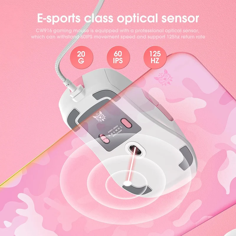 Onikuma CW916 RGB Wired Professional Gaming Mouse (White/Pink)