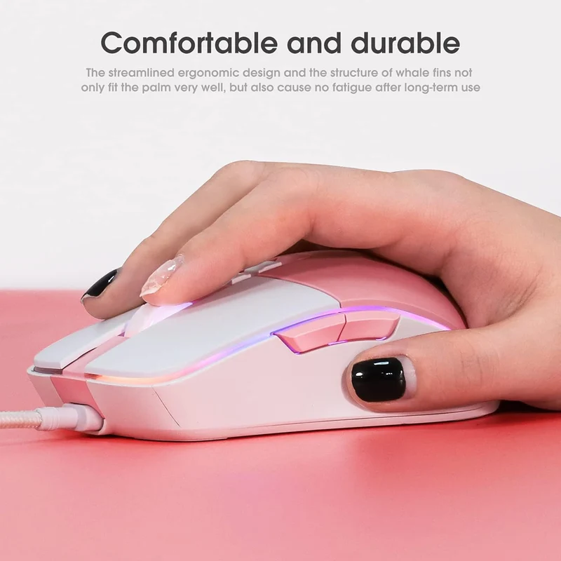 Onikuma CW916 RGB Wired Professional Gaming Mouse (White/Pink)