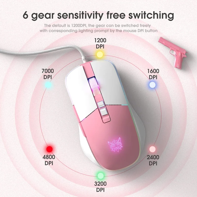 Onikuma CW916 RGB Wired Professional Gaming Mouse (White/Pink)